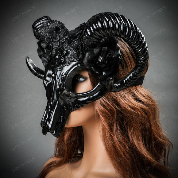 Antelope Devil Ram Horn Skull Ghost Masquerade Mask - Black - Picture 3 of 9
